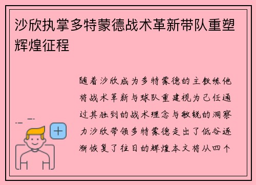 沙欣执掌多特蒙德战术革新带队重塑辉煌征程