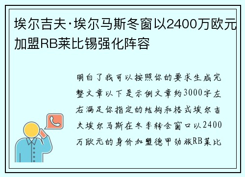 埃尔吉夫·埃尔马斯冬窗以2400万欧元加盟RB莱比锡强化阵容